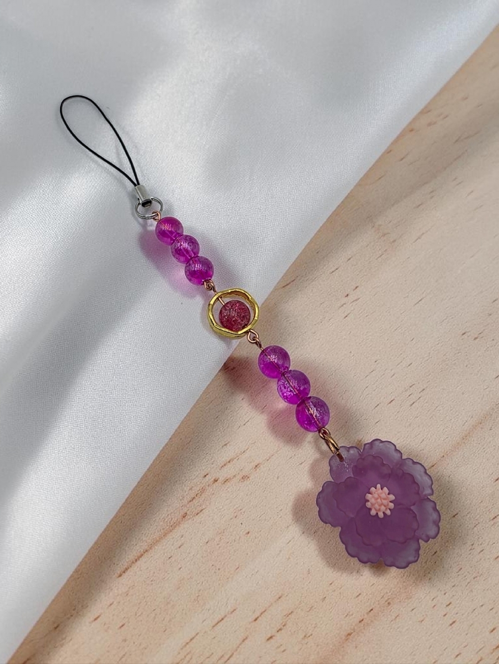 Purple Floral Bead Phone Charm Handmade Cute Phone Strap Accessory